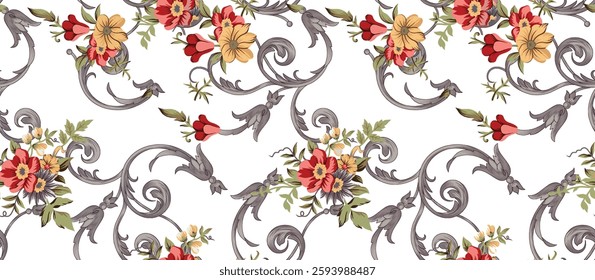 Floral pattern with red, yellow, and cream flowers and gray foliage on a white background, ideal for wallpaper, textile, gift wrapping.