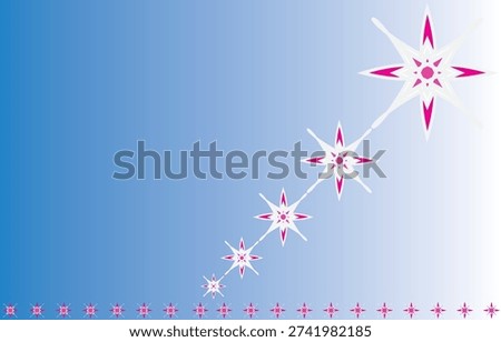 A floral pattern resembling white and pink stars, arranged diagonally and horizontally along the bottom border on a blue and white background, is breathtakingly beautiful.