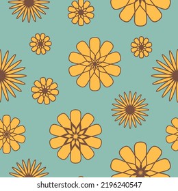 Blumenmuster im Retro-Stil der 70er Jahre, ein altes, hippes Muster orangefarbener Blumen auf türkisem Hintergrund 