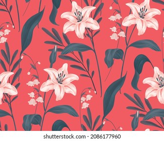 Floral pattern in retro style. Composition from lily flowers, various leaves. Vintage botanical background with white flowers, blue foliage on a red. Seamless pattern with hand drawn plants. Vector.