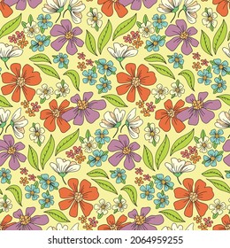 Floral pattern in retro style. Mix of different flowers and leaves with an outline. Seamless pattern, hippie print in vector.