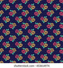 Floral pattern in retro style. Seamless background with cute hand drawn flowers. Vector illustration.