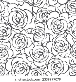 Floral pattern with rose flowers contours. Black and white seamless background. Vector modern print