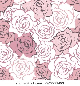 Floral pattern with rose flowers. Pink and white roses contours. Vector seamless background