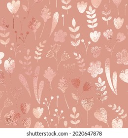 Floral pattern. Rose gold. Imitation gold texture. Vector background