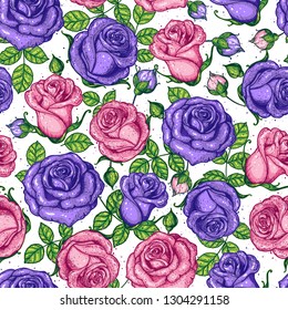 Floral pattern. Rose seamless pattern. Roses hand drawn vector illustration. Vintage design. 