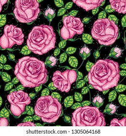 Floral pattern. Rose seamless pattern. Roses hand drawn vector illustration. Vintage design. Roses and leaves illustration. Flower vintage design. Floral illustration.