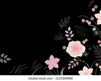 Floral pattern with rose, small flowers and leaves on the black background. Vector floral ornament for greeting card, wallpaper, cover of notepad, gift wrap, etc.