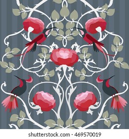 Floral pattern with roses and birds-of-paradise on striped background