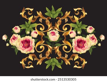 Floral pattern with roses. Clothing design. Background in baroque, rococo, victorian, renaissance style. Floral vintage pattern. In gold and black vector illustration design