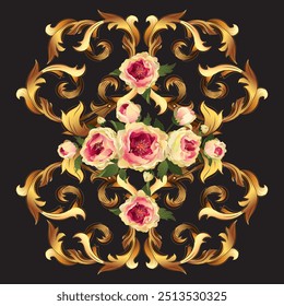 Padrão floral com rosas. Design de roupas. Contexto em estilo barroco, rococó, vitoriano e renascentista. Padrão vintage floral. Em ouro e preto vetor ilustração design