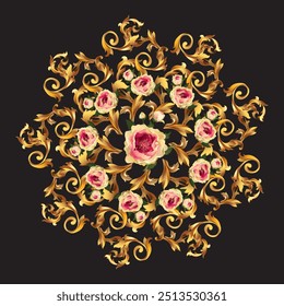 Blumenmuster mit Rosen. Bekleidungsdesign. Hintergrund im Barock, Rokoko, viktorianisch, Renaissance-Stil. Blumen-Vintage-Muster. In Gold und Schwarz Vektorgrafik-Design