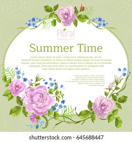 Floral pattern with roses and forget me not flowers on green background. Vector garden banner with place for text. Design for cosmetics, perfume, wedding invitation and greeting card