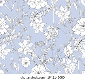 Floral pattern with roses, irises, lilies on a light background. Romantic seamless design drawing