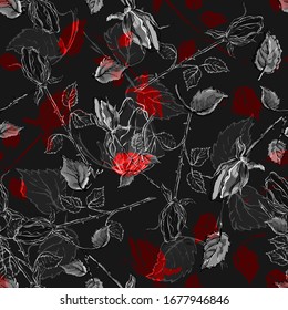 Floral pattern. Roses, leaves, thorns. Vector illustration on a black background. Use for printing wallpapers, backgrounds, fabrics, packaging, postcards.