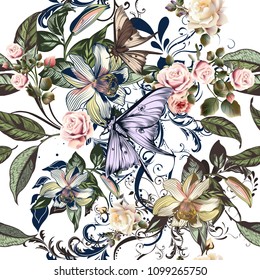 Floral pattern with roses, orange flowers and butterflies