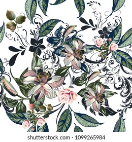 Floral pattern with roses, orange flowers and leafs