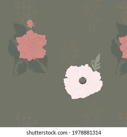 Patrón floral . Rosas y amapolas. Vector. Sobre un fondo verde. El papel de escritorio es textil. Fondo de escritorio para la sala de estar. Tejidos de cortinas.