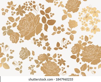 Patrón floral, rosas, sin soldadura, patrón dorado sobre fondo blanco para la creación de textiles, papel de pared, papel. Ilustración vectorial