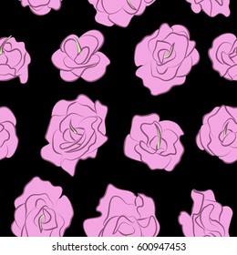 Floral Pattern with Roses for Seamless Texture. Feminine Pink Flowers Scattered on Black Background. Ditsy Motive. Romantic Girlie Calico for Wallpaper, Textile, Fabric