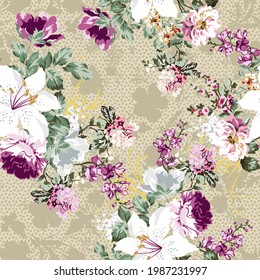 floral pattern with roses and small flowers, for textiles and decoration with vintage flower design