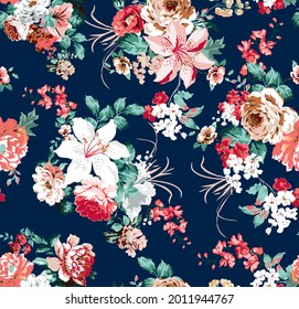 Floral Pattern With Roses And Small Flowers For Classic Tapestry, Textiles And Decoration With Vintage Flower Design