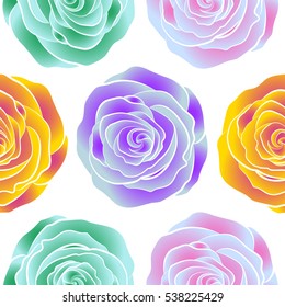 Floral pattern with roses. Yellow, neutral and pink rose flowers on a white background. Vector flowers pattern. Hand drawn roses. Vintage flower seamless pattern.