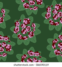 Floral Pattern with Rosette of Violet for Seamless Texture. Ditsy Feminine Ornament. Cute Flowers and Leaves. Girlie Motive For Textile, Fabric, Wallpaper, Print. High Coverage Calico in Country Style
