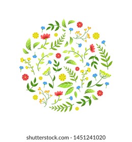 Floral Pattern of Round Shape with Green Leaves and Flowers Vector Illustration