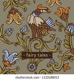 Floral pattern in Russian Fairy tales style. Vector ornament with flowers and bird for prints. Elements design for package.