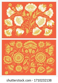 Floral pattern in Russian style. Golden Vintage flowers on red background.