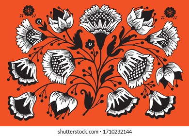 Blumenmuster im russischen Stil. Golden Vintage Blumen auf rotem Hintergrund.
