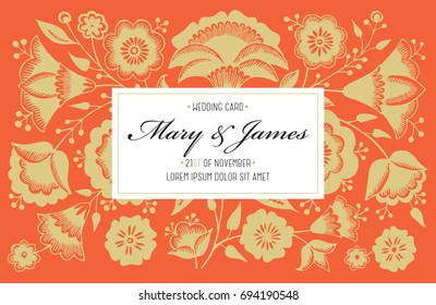 Floral pattern in Russian style. Golden flowers on red background, design for banner, poster, card, invitation and scrapbook.