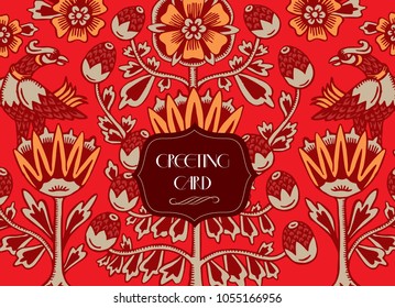 Floral pattern in Russian style. Greeting card. Vector ornament with flowers and leaves for prints. Elements design for package.
