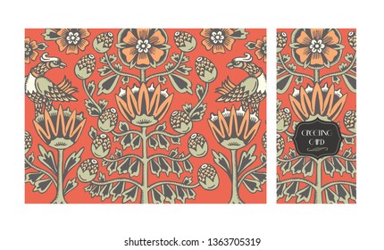 Floral pattern in Russian style. Greeting card. Vector ornament with flowers and leaves for prints. Elements design for invitations.