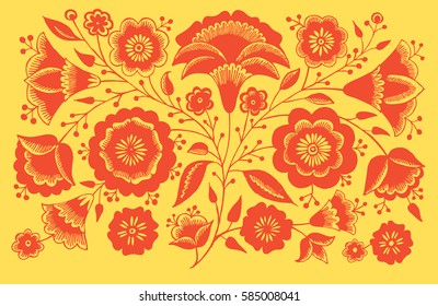 Floral pattern in Russian style. Red flowers on yellow background.