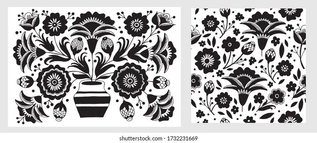 Floral pattern in Russian style set. Vintage flowers in vase, sunflowers, viburnum, bells, berries and leaves. Blossom bouquet.