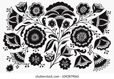 Floral pattern in Russian style. Vector ornament with flowers and leaves for prints. Elements design for package.