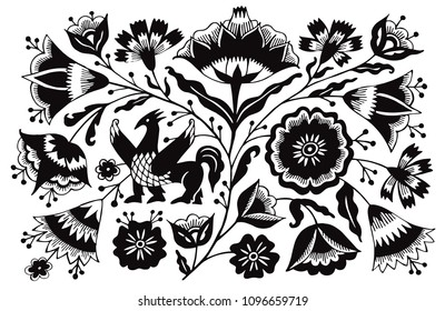 Floral pattern in Russian style. Vector ornament with flowers and leaves for prints. Elements design for package.
