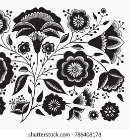 Floral pattern in Russian style. Vector ornament with flowers and leaves for prints. Elements design for package.