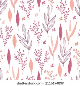 Floral pattern. Seamless background of different plants, branches and leaves. Vector illustration. Hand drawn