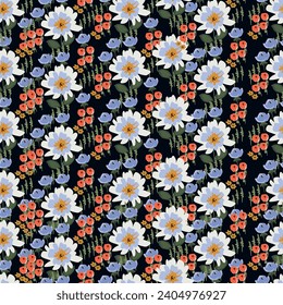 Floral pattern. Seamless background with different kinds of fabulous flowers, herbs, leaves on dark background. Beautiful Botanical texture, fashion print in orange, red, green colors. Vector.