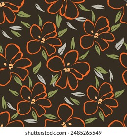 Floral pattern. Seamless background with different kinds of fabulous flowers, herbs, leaves on dark background. Beautiful Botanical texture, Vector.