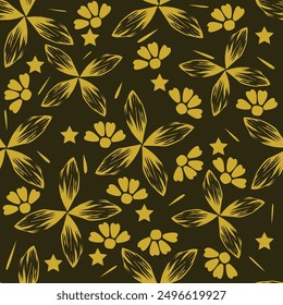 Floral pattern. Seamless background with different kinds of fabulous flowers, herbs, leaves on dark background. Beautiful Botanical texture, Vector