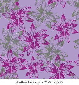 Floral pattern. Seamless background with different kinds of fabulous flowers, herbs, leaves on dark background. Beautiful Botanical texture, Vector.