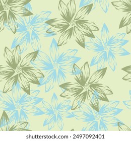 Floral pattern. Seamless background with different kinds of fabulous flowers, herbs, leaves on dark background. Beautiful Botanical texture, Vector.