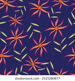 Floral pattern. Seamless background with different kinds of fabulous flowers, herbs, leaves on dark background. Beautiful Botanical texture, Vector.