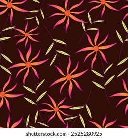 Floral pattern. Seamless background with different kinds of fabulous flowers, herbs, leaves on dark background. Beautiful Botanical texture, Vector.