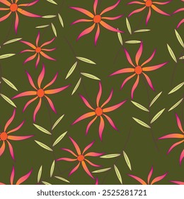 Floral pattern. Seamless background with different kinds of fabulous flowers, herbs, leaves on dark background. Beautiful Botanical texture, Vector.