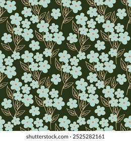 Floral pattern. Seamless background with different kinds of fabulous flowers, herbs, leaves on dark background. Beautiful Botanical texture, Vector.